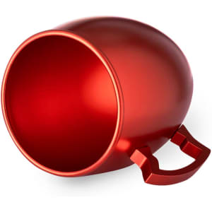 A red coffee mug with a rounded shape and a sturdy handle. The interior has a smooth finish and is a matching colour.