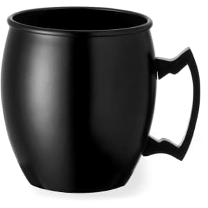 A black coffee mug with a unique handle design and smooth matte finish. It features a logo on one side.