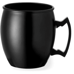 A black coffee mug with a sleek design and a sturdy handle, featuring a logo.
