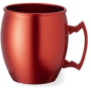 A coffee mug in a shiny red finish with a unique, curved handle and an ergonomic shape.