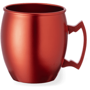 A red coffee mug with a unique shaped handle and a smooth finish. It features a logo on the side.