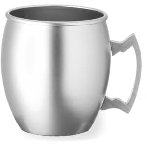 A stainless steel coffee mug with a modern design and a distinctive handle.