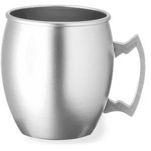 A stainless steel coffee mug with a unique handle design. It has a sleek, polished finish.