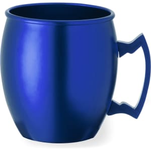 A blue coffee mug with a unique oval shape and an ergonomic handle. It features a logo on the surface.