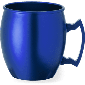 A blue coffee mug with a rounded design and a sturdy handle. The mug features branding on one side.