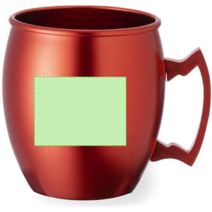 A red coffee mug with a handle and a blank area for customisation. Made of metal with a shiny finish.