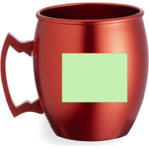 A red coffee mug with a unique shape and a blank area for personalisation. It features a logo on one side.
