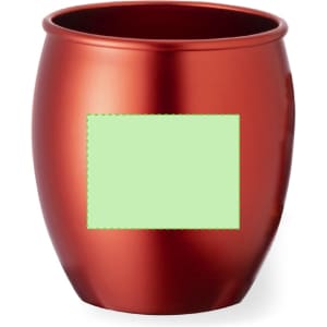 A coffee mug in a shiny red finish featuring a branding area. The mug has a round, tapered shape.
