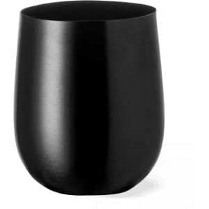 A black plastic tumbler with a smooth finish and rounded shape, suitable for drinkware use.