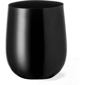 A black plastic cup featuring a smooth, rounded design and a subtle branding logo.