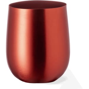 A drink bottle resembling a modern plastic cup in a glossy copper finish, with a smooth, curved design and a logo.