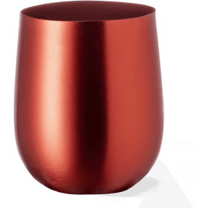 A plastic cup in a shiny, metallic red finish, featuring a simple, modern design and a logo.
