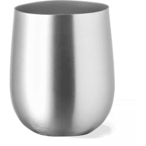 A drink cup in a sleek silver finish with a smooth, rounded design. It features a logo on one side.