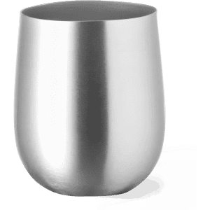 A drink cup in a sleek silver finish, featuring a rounded design and a smooth surface. It has a branding logo.