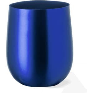A drink cup in a shiny blue finish with a simple, smooth design. It features a logo on the surface.