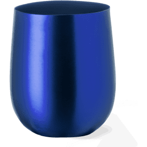 A blue plastic cup with a sleek, smooth surface, featuring a rounded shape and a shiny finish.