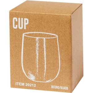 A drink cup in a black colour, packaged in a brown cardboard box with a logo.