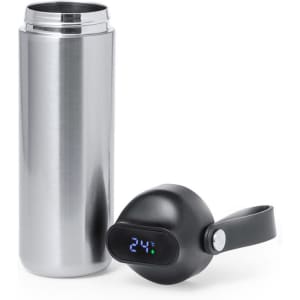 A drink bottle in stainless steel with a digital temperature display in black. Features a smooth, sleek design and a logo.