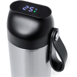 A drink bottle in silver and black featuring a digital temperature display and a carrying handle.