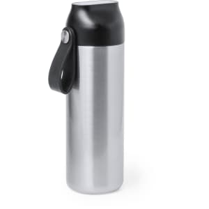A drink bottle with a sleek stainless steel body and a black lid, featuring a strap for easy handling.