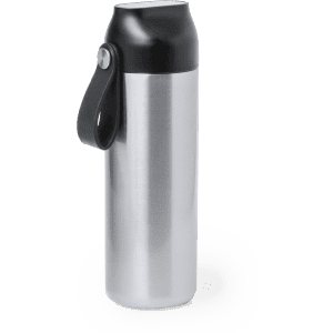 A drink bottle featuring a sleek silver body with a black lid and handle. It has a logo.