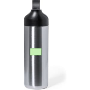 A drink bottle with a sleek silver stainless steel body and a black lid, featuring a blank area for custom branding.