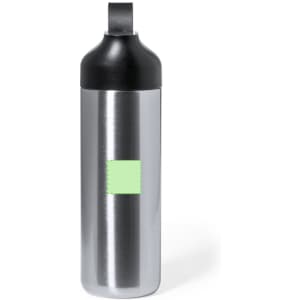 A drink bottle in silver stainless steel with a black lid and a logo area for custom branding.