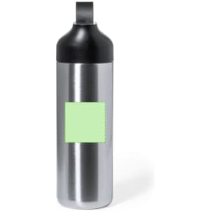 A drink bottle with a stainless steel body, black lid, and a green section for customisation.
