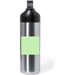 A drink bottle featuring a metallic silver body with a black top and a blank green label for customisation.