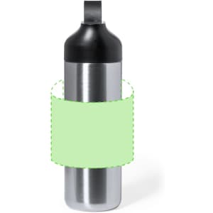 A drink bottle with a silver stainless steel body and a black lid, featuring a circular branding area.