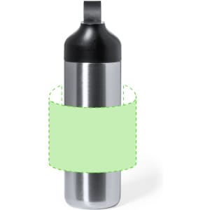 A drink bottle with a stainless steel body and a black cap. It features a blank area for custom branding.