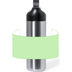 A drink bottle in silver and black, featuring a sleek design and a logo on its surface.