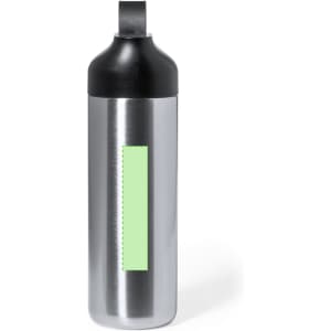 A drink bottle with a stainless steel body and a black cap, featuring a blank green area for customisation.