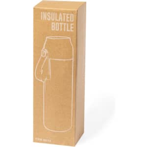 A drink bottle in a cardboard box, featuring a sketch of the bottle design, with a logo present.
