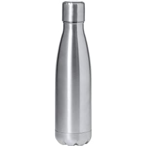 A drink bottle in sleek stainless steel finish with a rounded bottom and a metallic cap, featuring a logo.