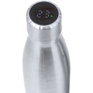 A drink bottle in stainless steel with a digital temperature display at the top and a circular cap.