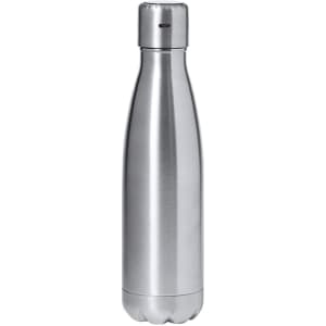 A drink bottle made of stainless steel with a sleek, silver finish and a screw-on lid. It features a logo.