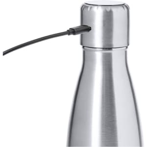 A drink bottle with a sleek stainless steel design, featuring a metallic finish and a small attachment for a cable.