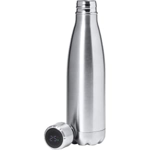 A drink bottle in stainless steel with a sleek design and a temperature display at the base.