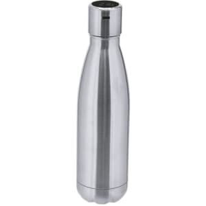 A drink bottle in stainless steel with a sleek, insulated design. The bottle features a logo on its surface.
