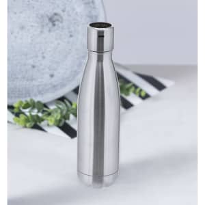 A drink bottle in a sleek stainless steel design, featuring a rounded bottom and a black top. It has a branding logo.