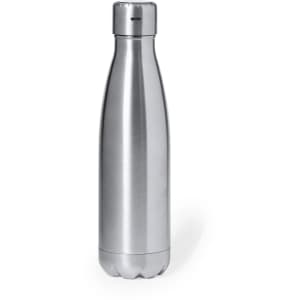 A drink bottle made of stainless steel, featuring a sleek, insulated design. It has a silver finish and a logo.