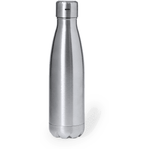 A drink bottle in a stainless steel finish with a sleek, modern design; features a logo on the side.