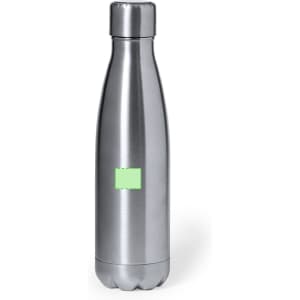 A drink bottle in a sleek silver finish, featuring a tapered design and a logo. Ideal for keeping beverages insulated.