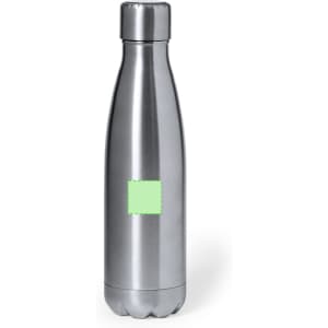 A drink bottle with a sleek silver finish, featuring a contour design and a logo on the surface.