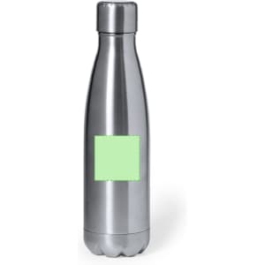 A drink bottle in stainless steel with a rounded shape and a silver finish. It features a blank area for branding.