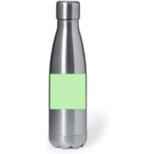 A drink bottle in stainless steel with a silver finish and a green label area. Features a logo at the top.
