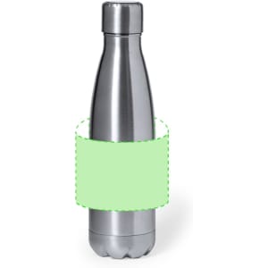 A drink bottle with a sleek stainless steel design, featuring a removable green band and a capped top.