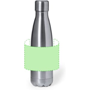 A drink bottle in a sleek silver finish with a logo and an empty label area on the body.