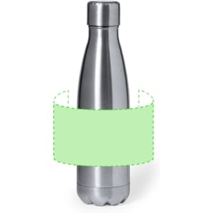 A drink bottle with a sleek silver finish and a round shape, featuring a branding logo.